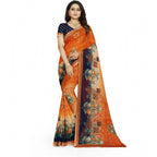 Generic Women's Georgette Floral Print Saree With Unstitched Blouse 5.5Mtr (Blue-Orange)