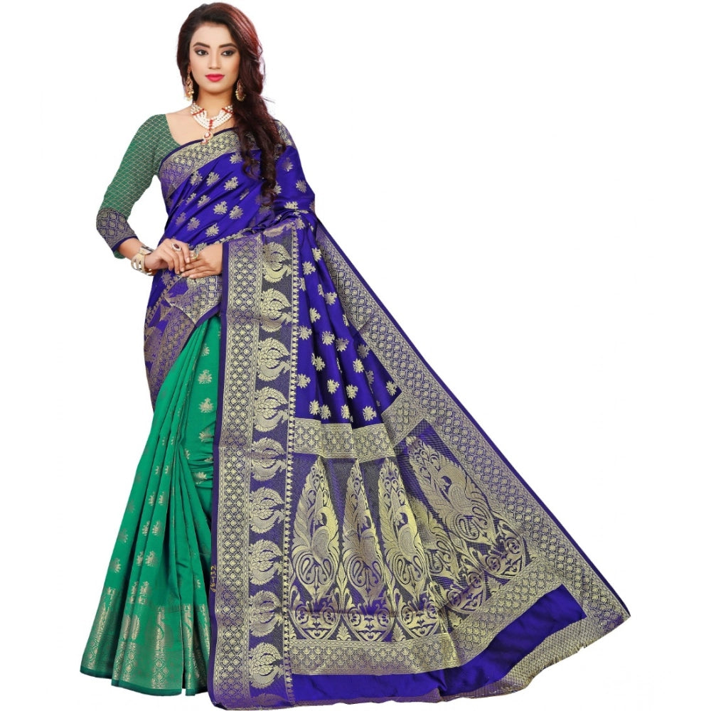 Generic Women's Jacquard Woven Saree With Unstitched Blouse 5.5Mtr (Blue) Main image