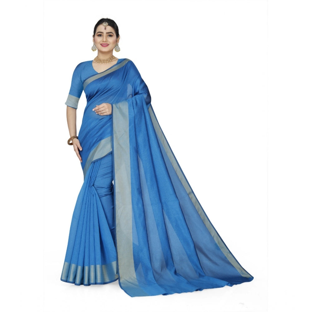 Generic Women's Cotton Silk Self Design Saree With Unstitched Blouse 5.5Mtr (Light Blue) Main image