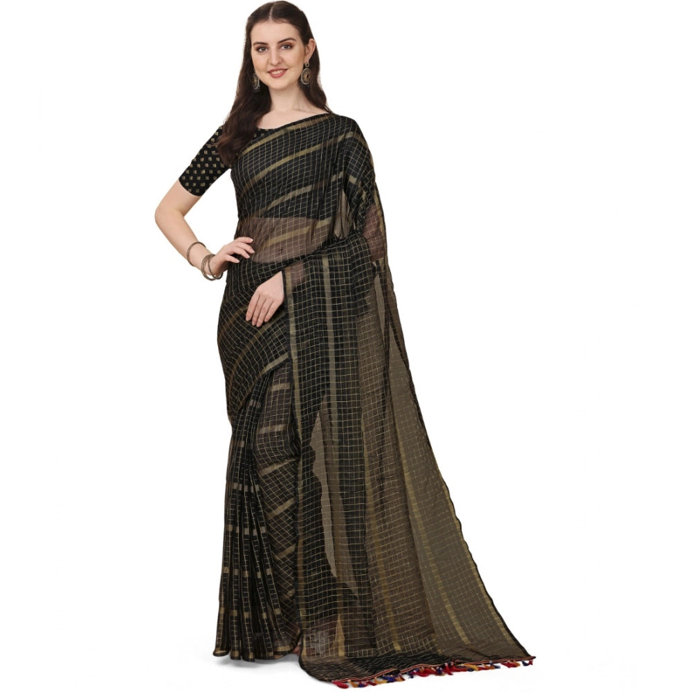 Generic Women's Silk Blend Checkered Saree With Unstitched Blouse 5.5Mtr (Black) Main image