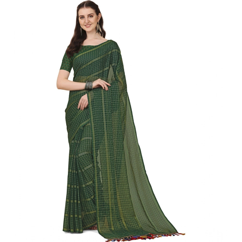 Generic Women's Silk Blend Checkered Saree With Unstitched Blouse 5.5Mtr (Green) Main image
