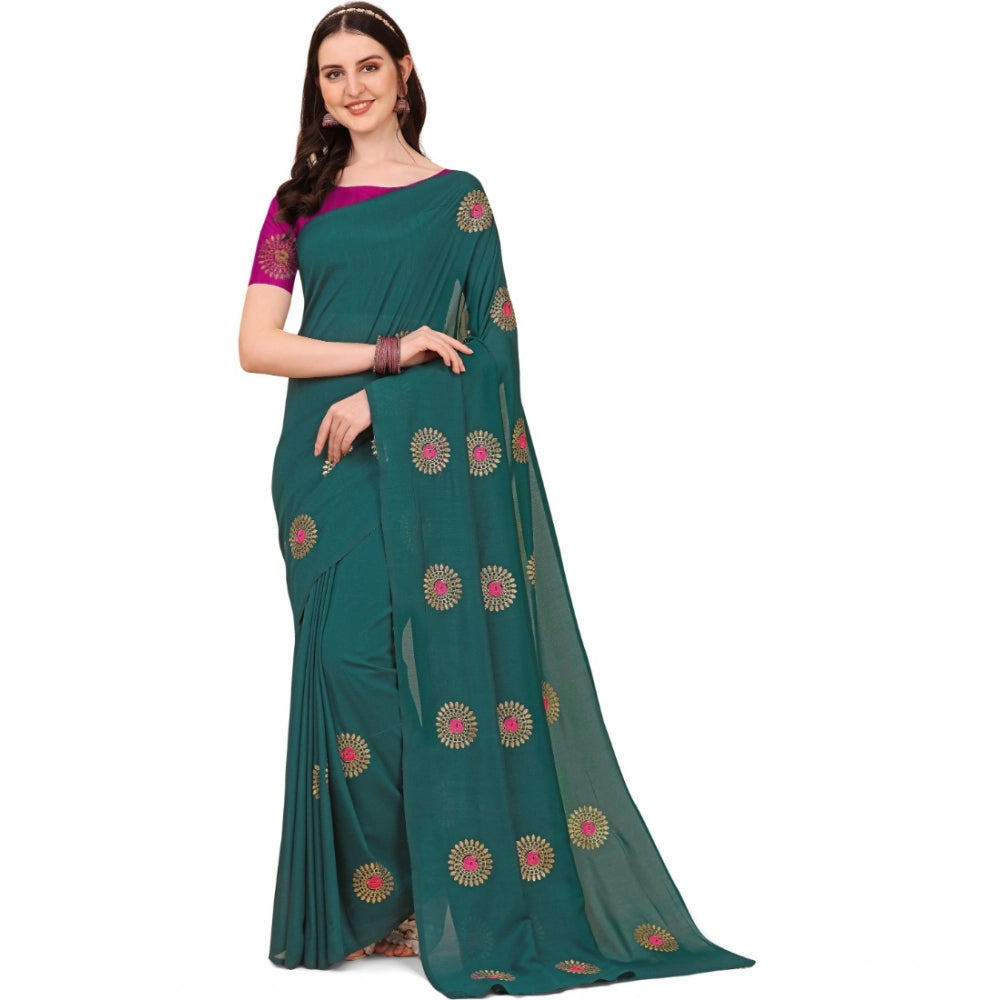 Generic Women's Silk Blend Embroidered Saree With Unstitched Blouse 5.5Mtr (Dark Green) Main image