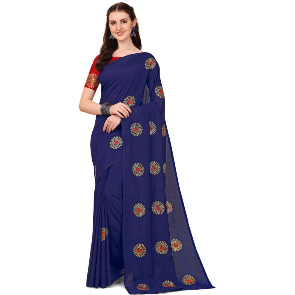 Generic Women's Silk Blend Embroidered Saree With Unstitched Blouse 5.5Mtr (Blue) Main image