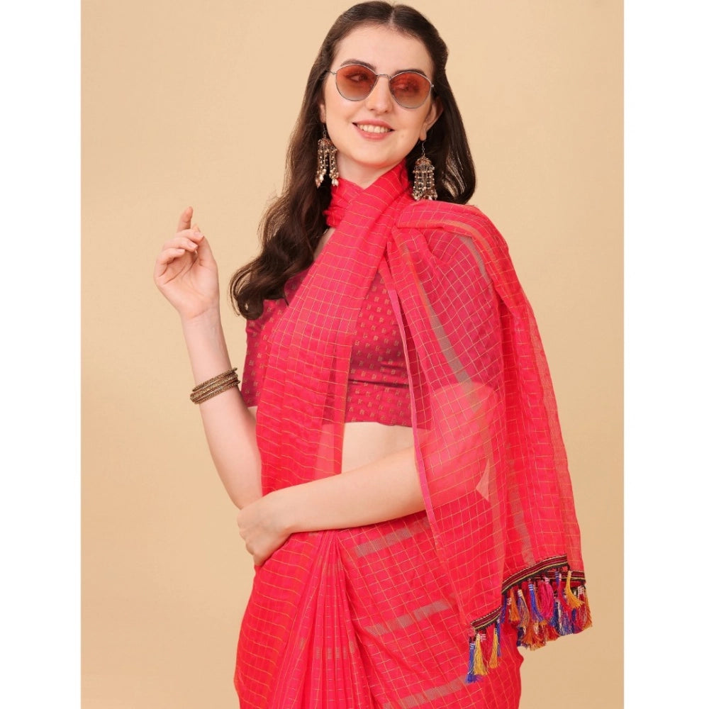 Generic Women's Silk Blend Checkered Saree With Unstitched Blouse 5.5Mtr (Pink) Secondary image