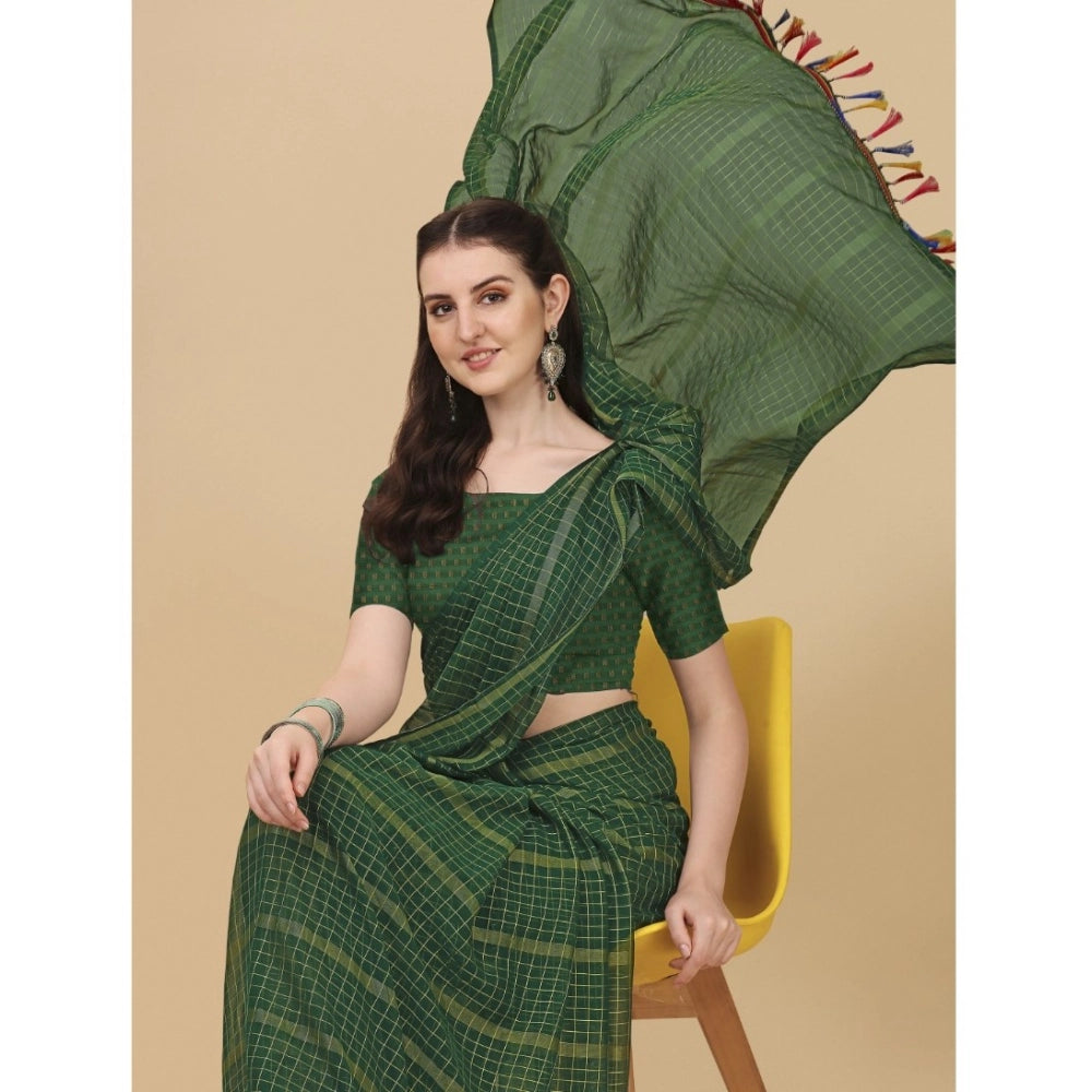 Generic Women's Silk Blend Checkered Saree With Unstitched Blouse 5.5Mtr (Green) Secondary image