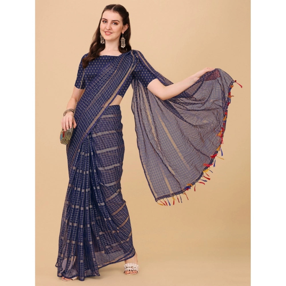 Generic Women's Silk Blend Checkered Saree With Unstitched Blouse 5.5Mtr (Blue) Secondary image