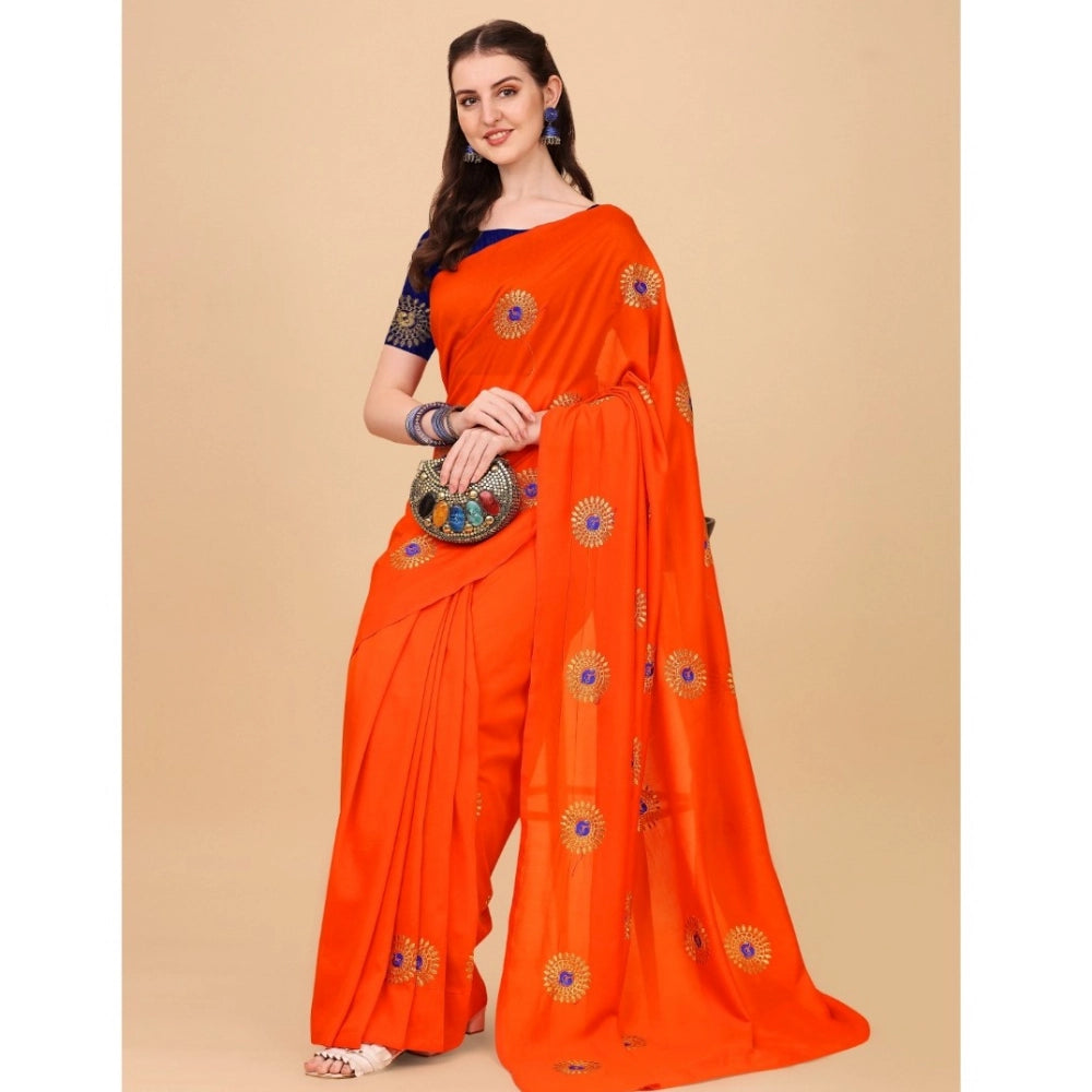 Generic Women's Silk Blend Embroidered Saree With Unstitched Blouse 5.5Mtr (Orange) Secondary image