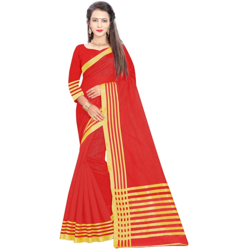 Generic Women's Jacquard Striped Saree With Unstitched Blouse 5.5Mtr (Red) Main image