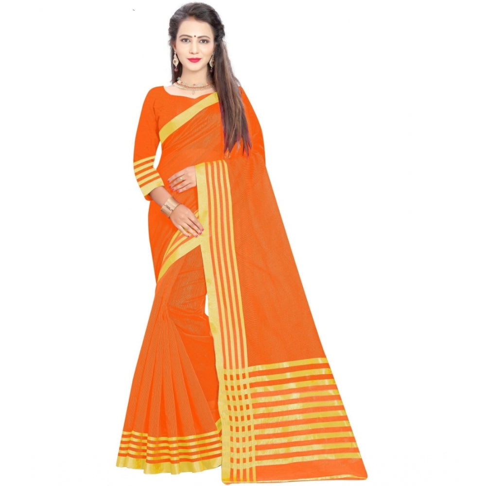 Generic Women's Jacquard Striped Saree With Unstitched Blouse 5.5Mtr (Orange) Main image