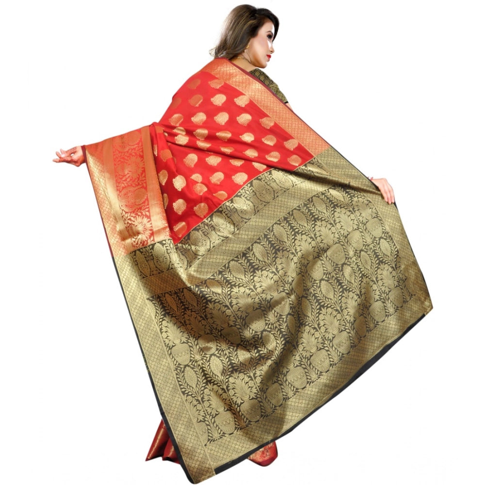 Generic Women's Jacquard Woven Saree With Unstitched Blouse 5.5Mtr (Red) Secondary image