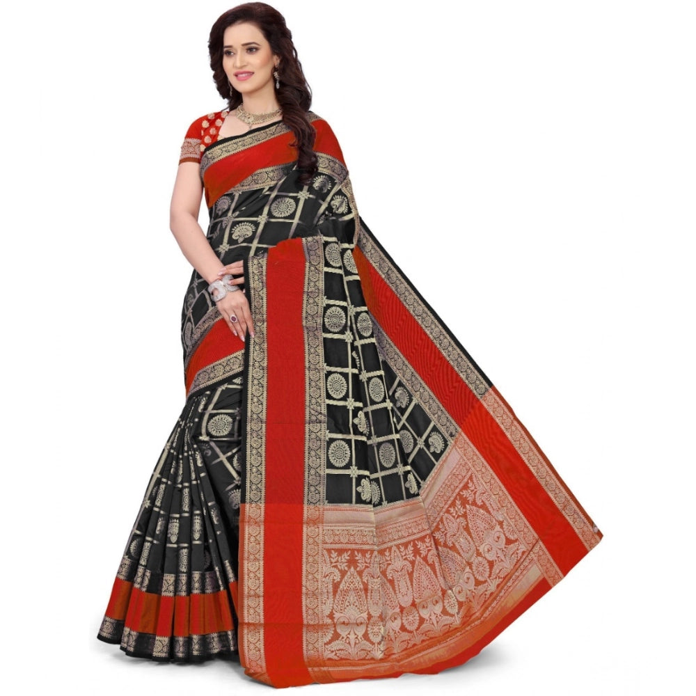 Generic Women's Jacquard Woven Saree With Unstitched Blouse 5.5Mtr (Red-Black) Main image