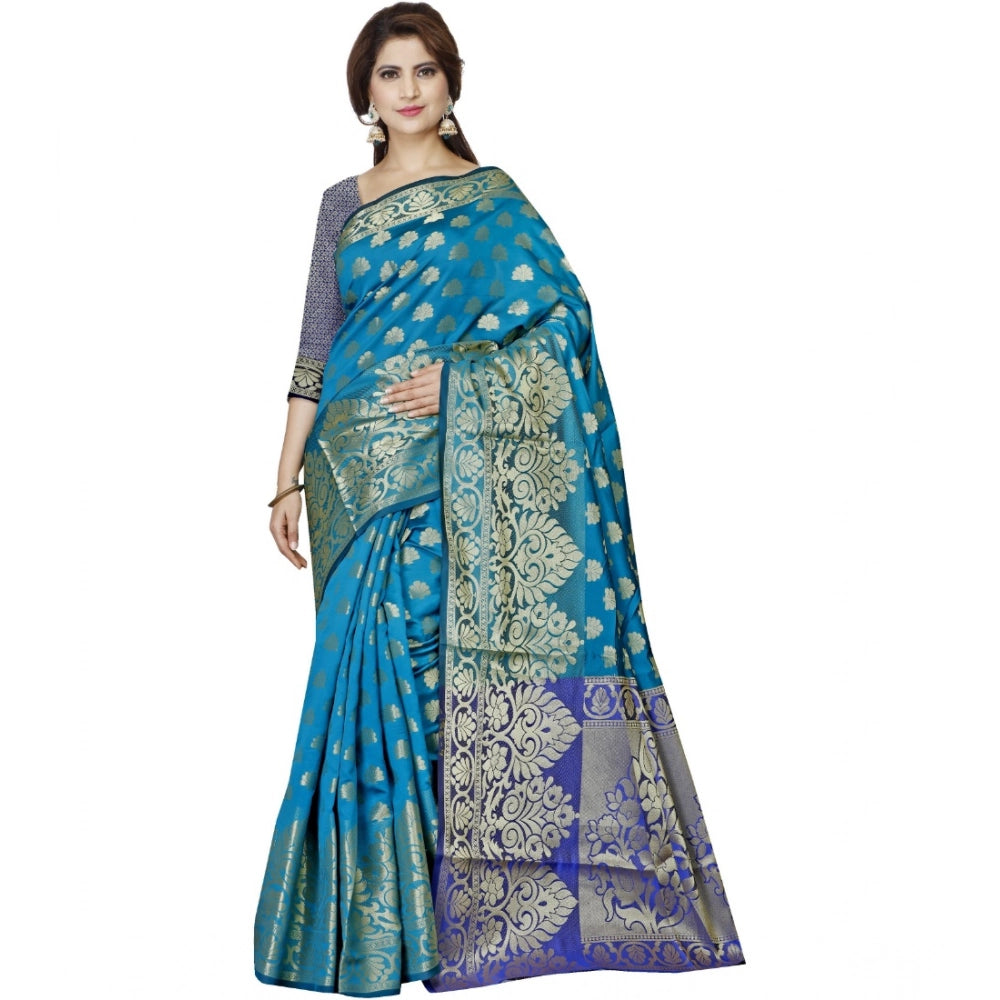 Generic Women's Jacquard Woven Saree With Unstitched Blouse 5.5Mtr (Blue) Main image