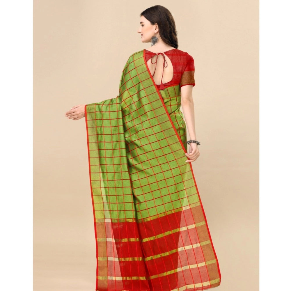 Generic Women's Cotton Silk Checkered Saree With Unstitched Blouse 5.5Mtr (Green) Secondary image