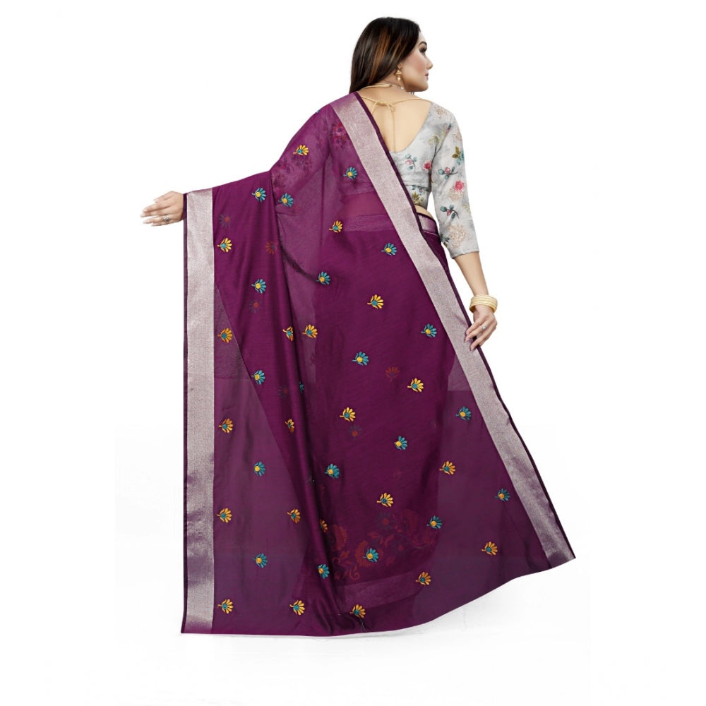 Generic Women's Cotton Silk Embroidered Saree With Unstitched Blouse 5.5Mtr (Purple) Secondary image