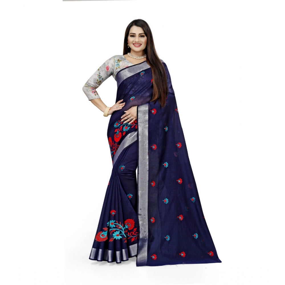 Generic Women's Cotton Silk Embroidered Saree With Unstitched Blouse 5.5Mtr (Dark Blue) Main image