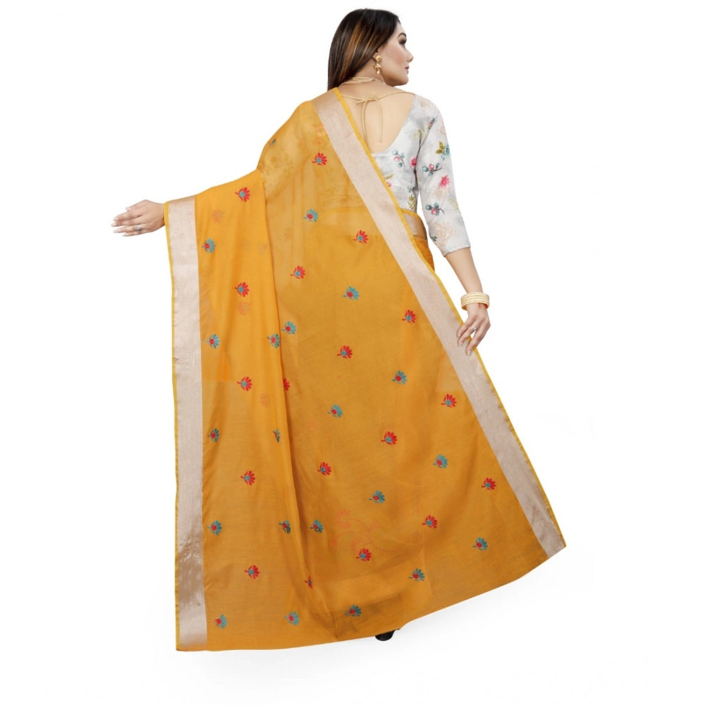 Generic Women's Cotton Silk Embroidered Saree With Unstitched Blouse 5.5Mtr (Yellow) Secondary image