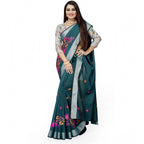 Generic Women's Cotton Silk Embroidered Saree With Unstitched Blouse 5.5Mtr (Dark Green)