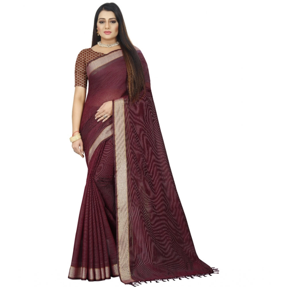 Generic Women's Cotton Blend Solid/Plain Saree With Unstitched Blouse 5.5Mtr (Brown) Main image
