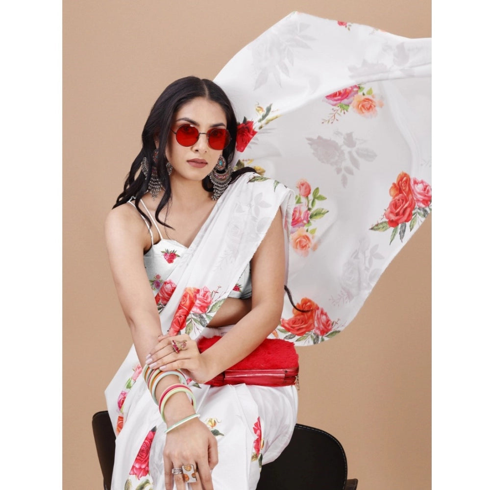 Generic Women's Crepe Digital Print Saree With Unstitched Blouse 5.5Mtr (Cream) Secondary image