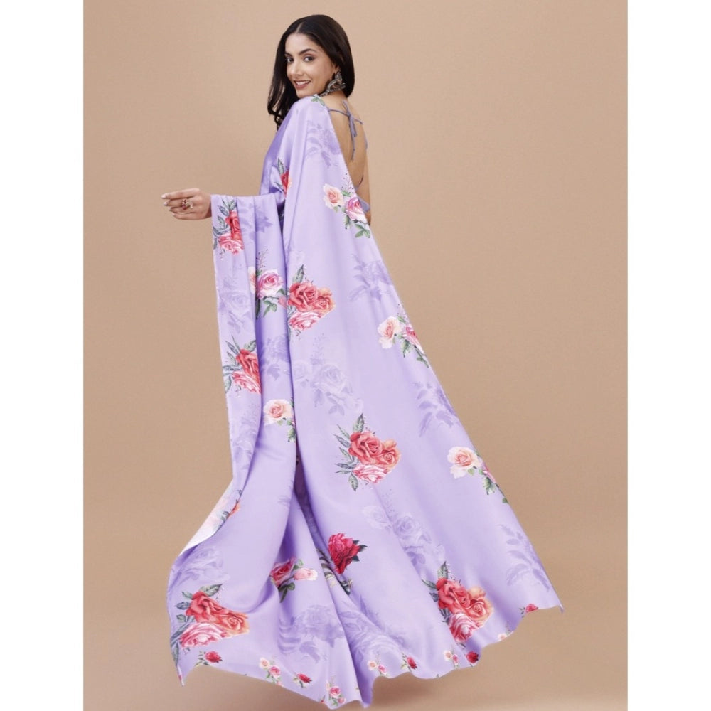 Generic Women's Crepe Digital Print Saree With Unstitched Blouse 5.5Mtr (Purple) Secondary image