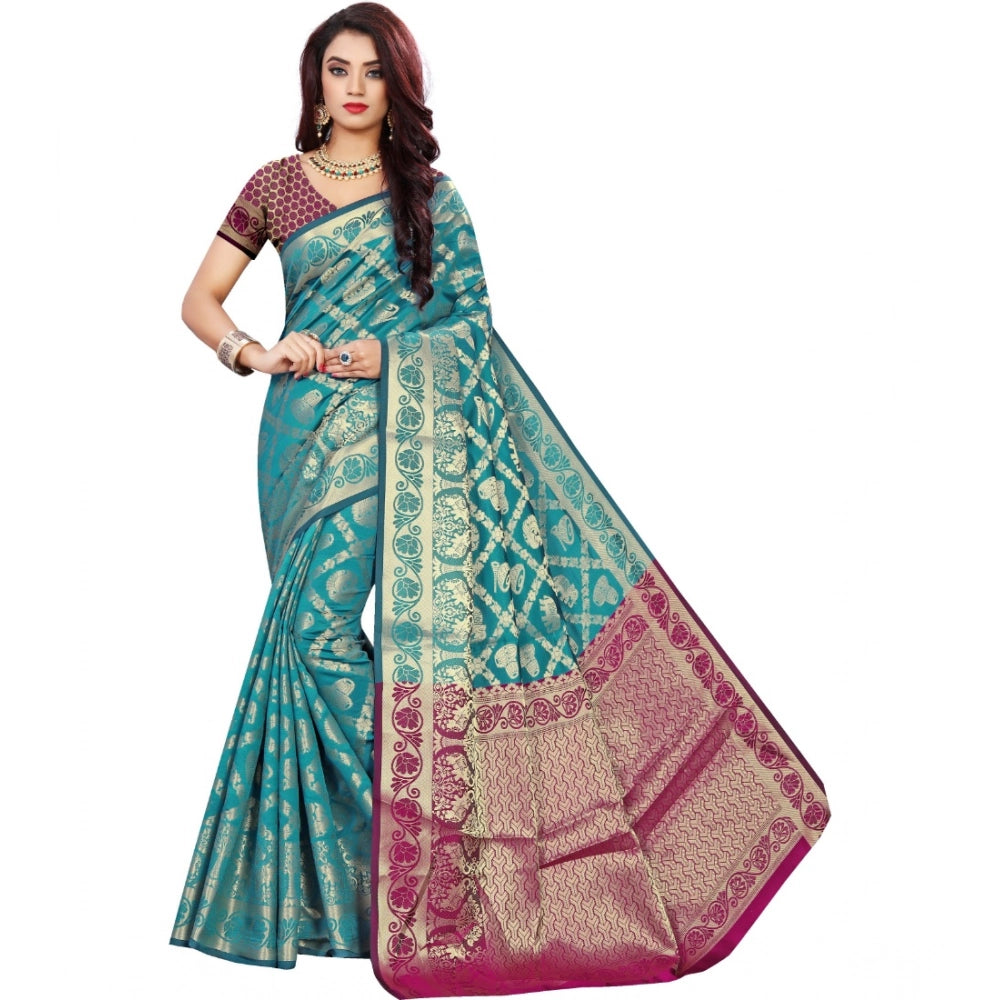 Generic Women's Jacquard Woven Saree With Unstitched Blouse 5.5Mtr (Light Blue) Main image