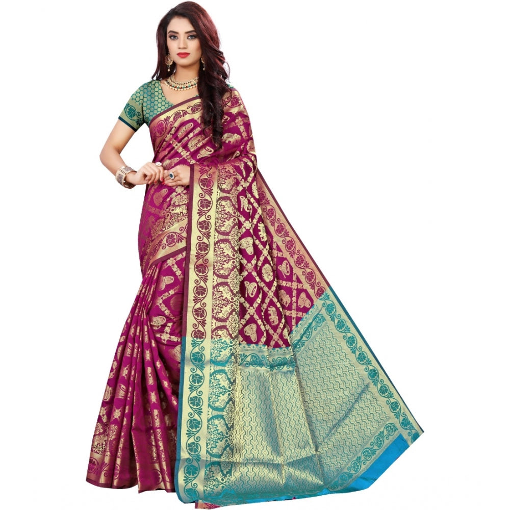 Generic Women's Jacquard Woven Saree With Unstitched Blouse 5.5Mtr (Magenta) Main image