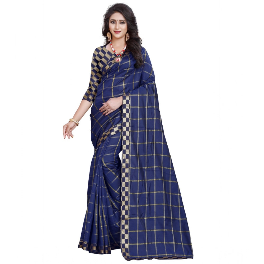 Generic Women's Cotton Silk Checkered Saree With Unstitched Blouse 5.5Mtr (Dark Blue) Main image