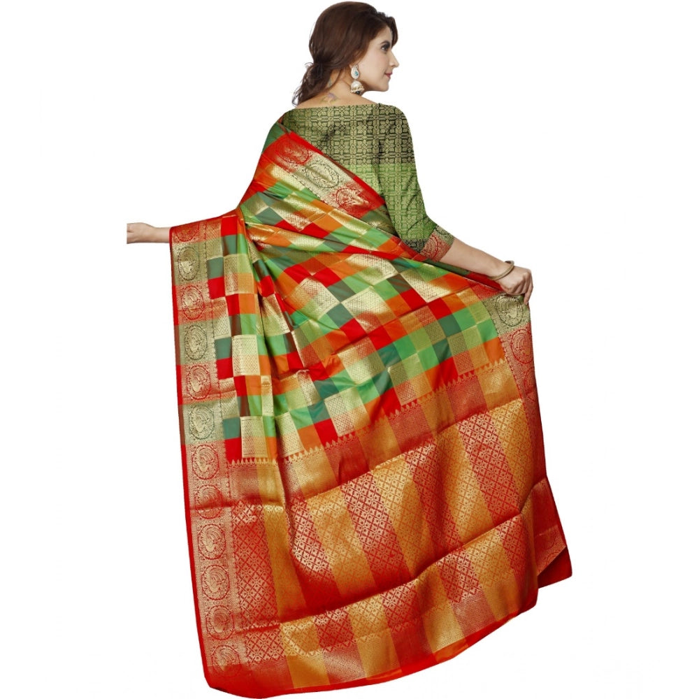 Generic Women's Jacquard Woven Saree With Unstitched Blouse 5.5Mtr (Red) Secondary image