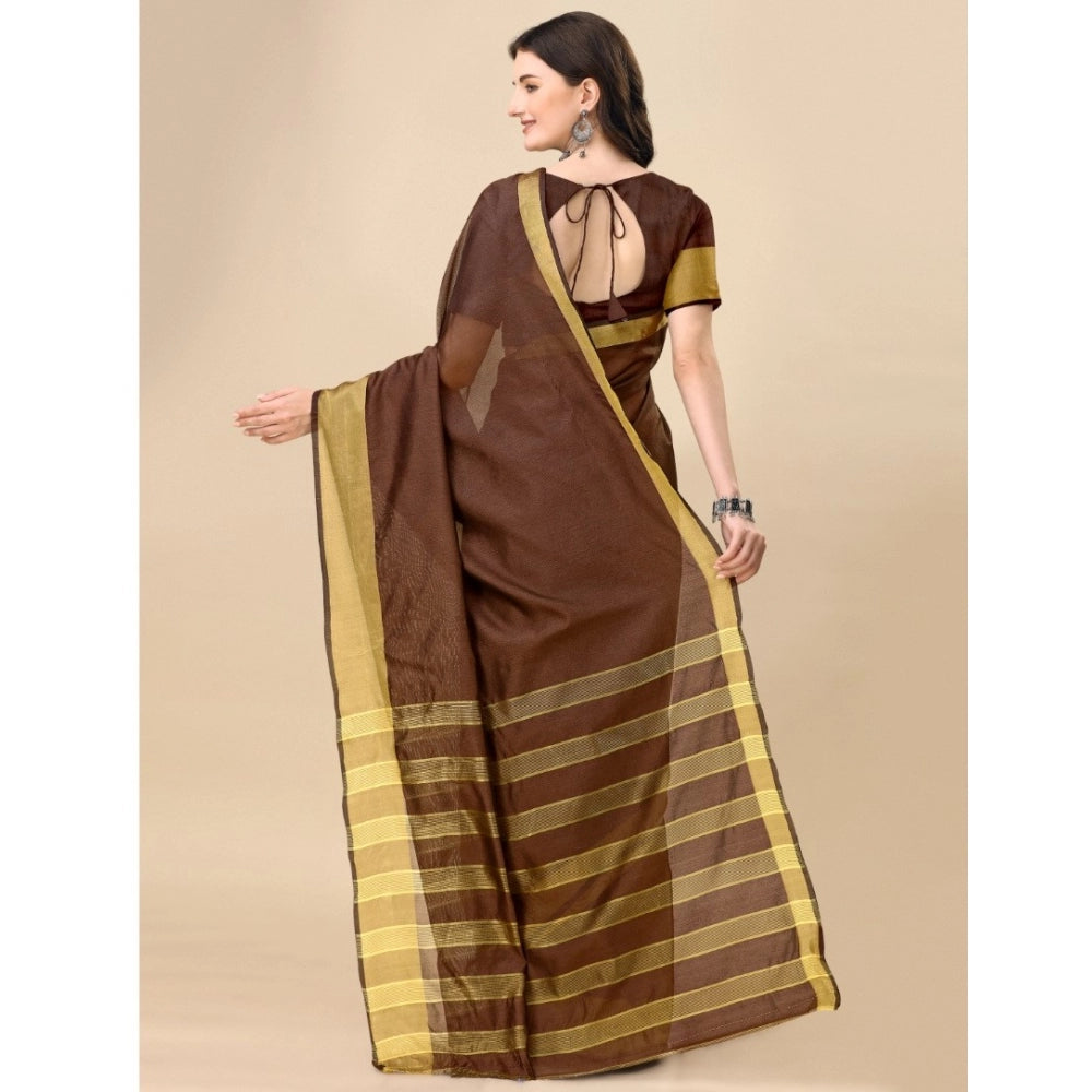 Generic Women's Cotton Silk Striped Saree With Unstitched Blouse 5.5Mtr (Brown) Secondary image