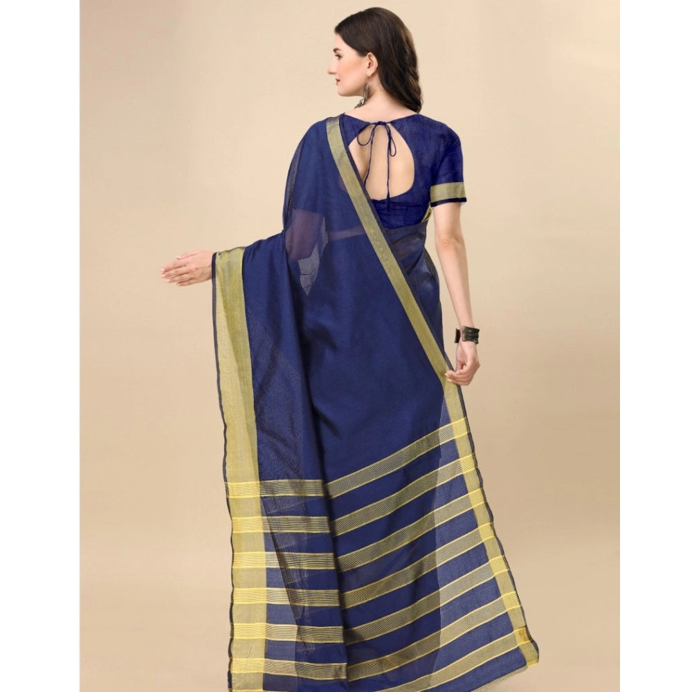 Generic Women's Cotton Silk Striped Saree With Unstitched Blouse 5.5Mtr (Dark Blue) Secondary image