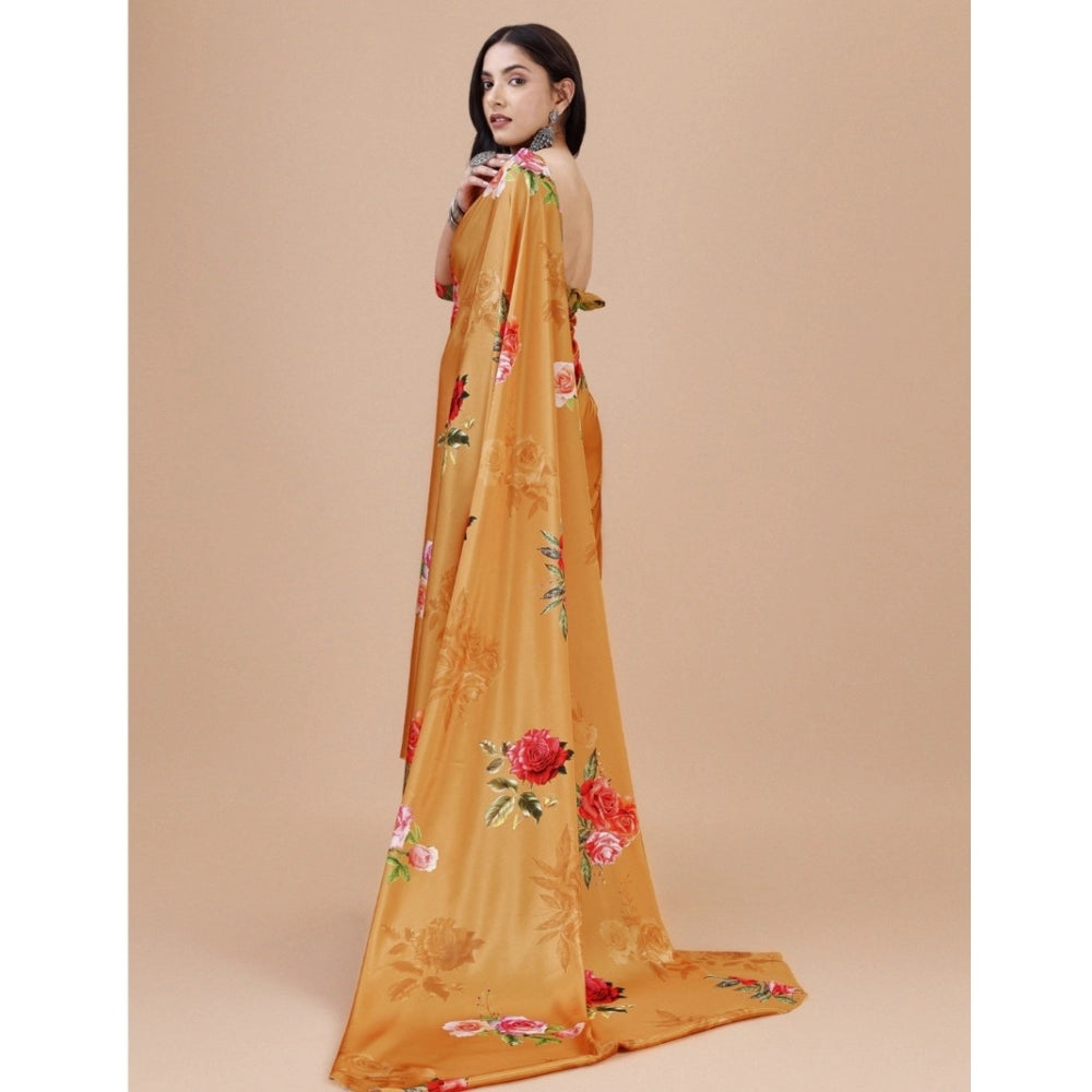 Generic Women's Crepe Digital Print Saree With Unstitched Blouse 5.5Mtr (Mustard) Secondary image