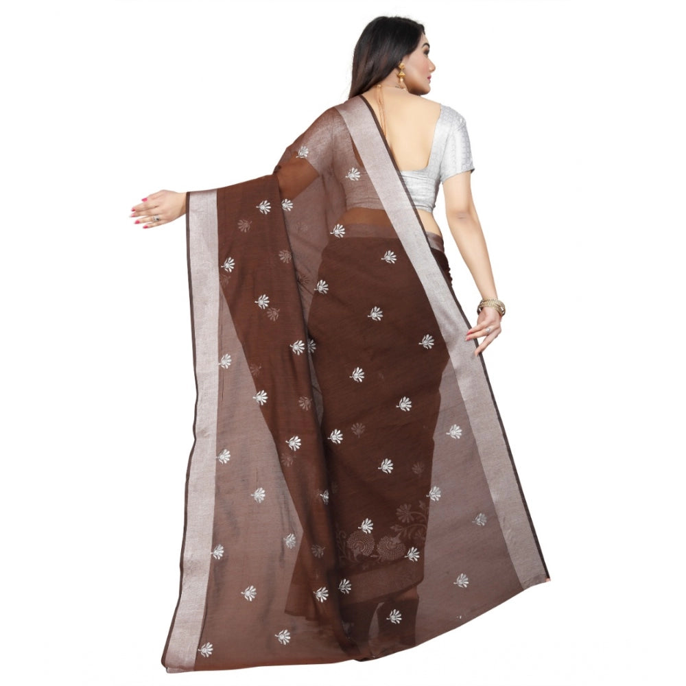 Generic Women's Cotton Silk Embroidered Saree With Unstitched Blouse 5.5Mtr (Brown) Secondary image