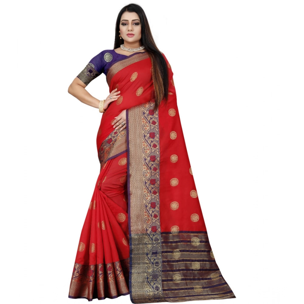 Generic Women's Silk Blend Woven Saree With Unstitched Blouse 5.5Mtr (Red-Blue) Main image