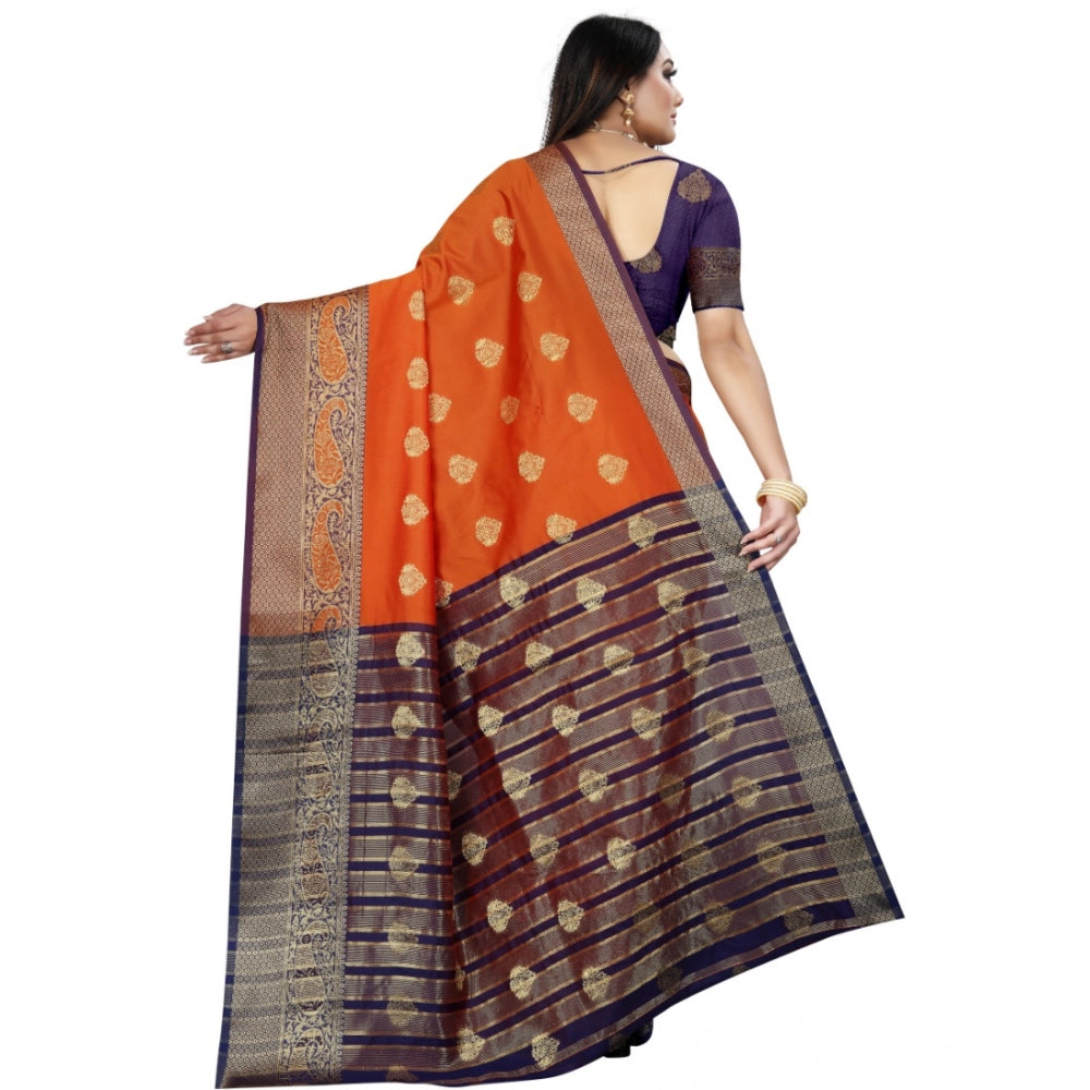 Generic Women's Silk Blend Woven Saree With Unstitched Blouse 5.5Mtr (Purple-Orange) Secondary image