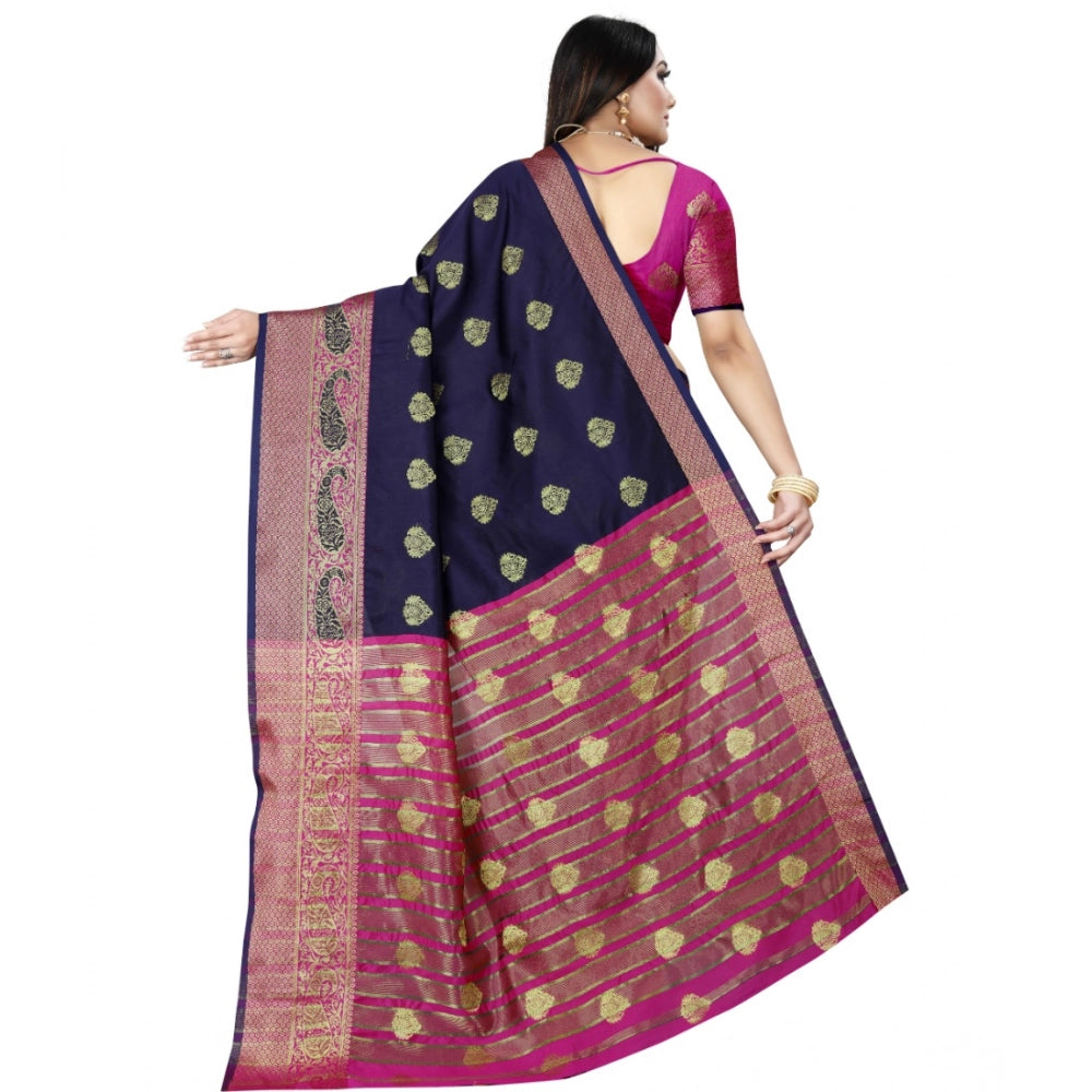 Generic Women's Silk Blend Woven Saree With Unstitched Blouse 5.5Mtr (Dark Blue-Pink) Secondary image