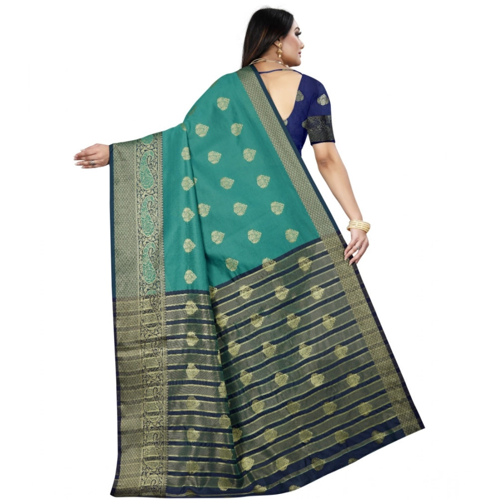 Generic Women's Silk Blend Woven Saree With Unstitched Blouse 5.5Mtr (Dark Blue-Green) Secondary image