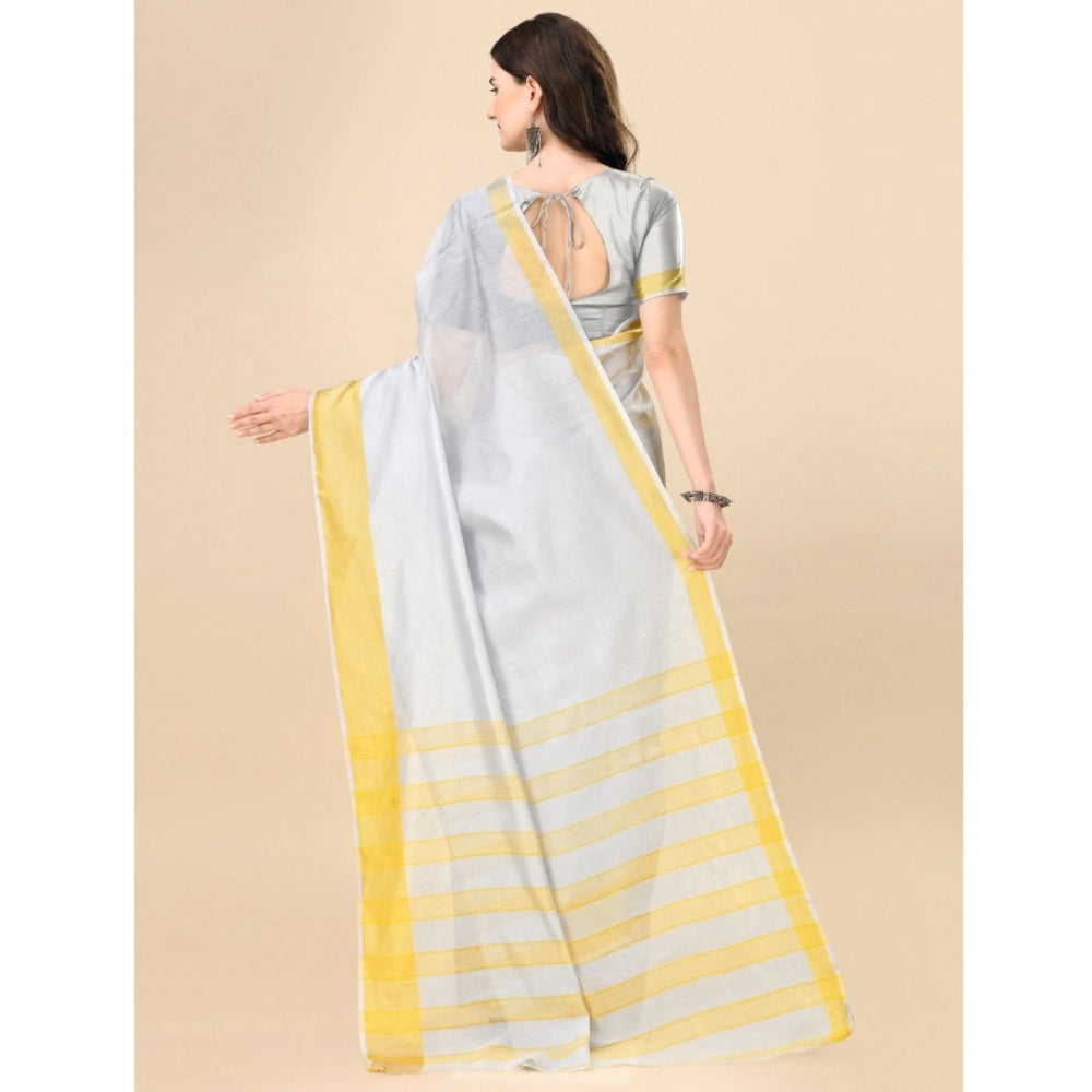 Generic Women's Cotton Silk Striped Saree With Unstitched Blouse 5.5Mtr (Silver) Secondary image