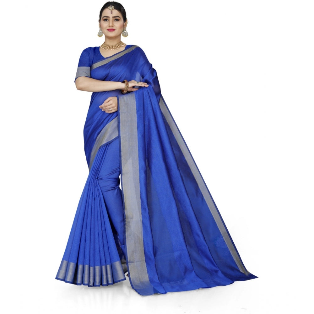 Generic Women's Cotton Silk Self Design Saree With Unstitched Blouse 5.5Mtr (Blue) Main image
