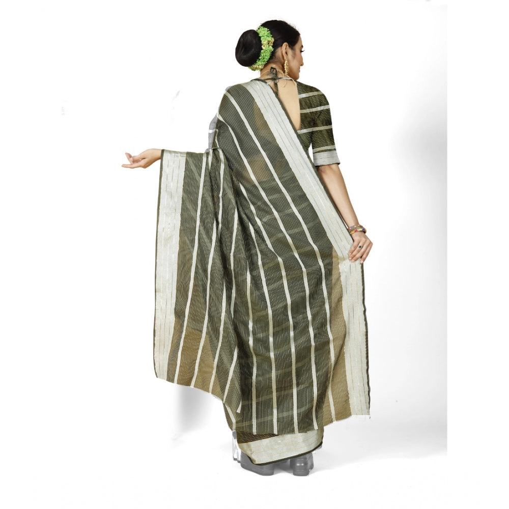 Generic Women's Cotton Silk Striped Saree With Unstitched Blouse 5.5Mtr (Green) Secondary image