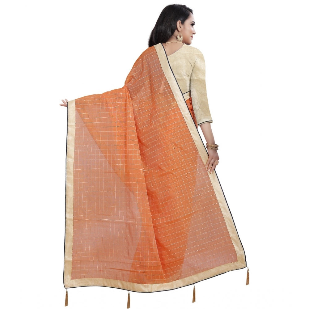 Generic Women's Cotton Silk Checkered Saree With Unstitched Blouse 5.5Mtr (Orange) Secondary image