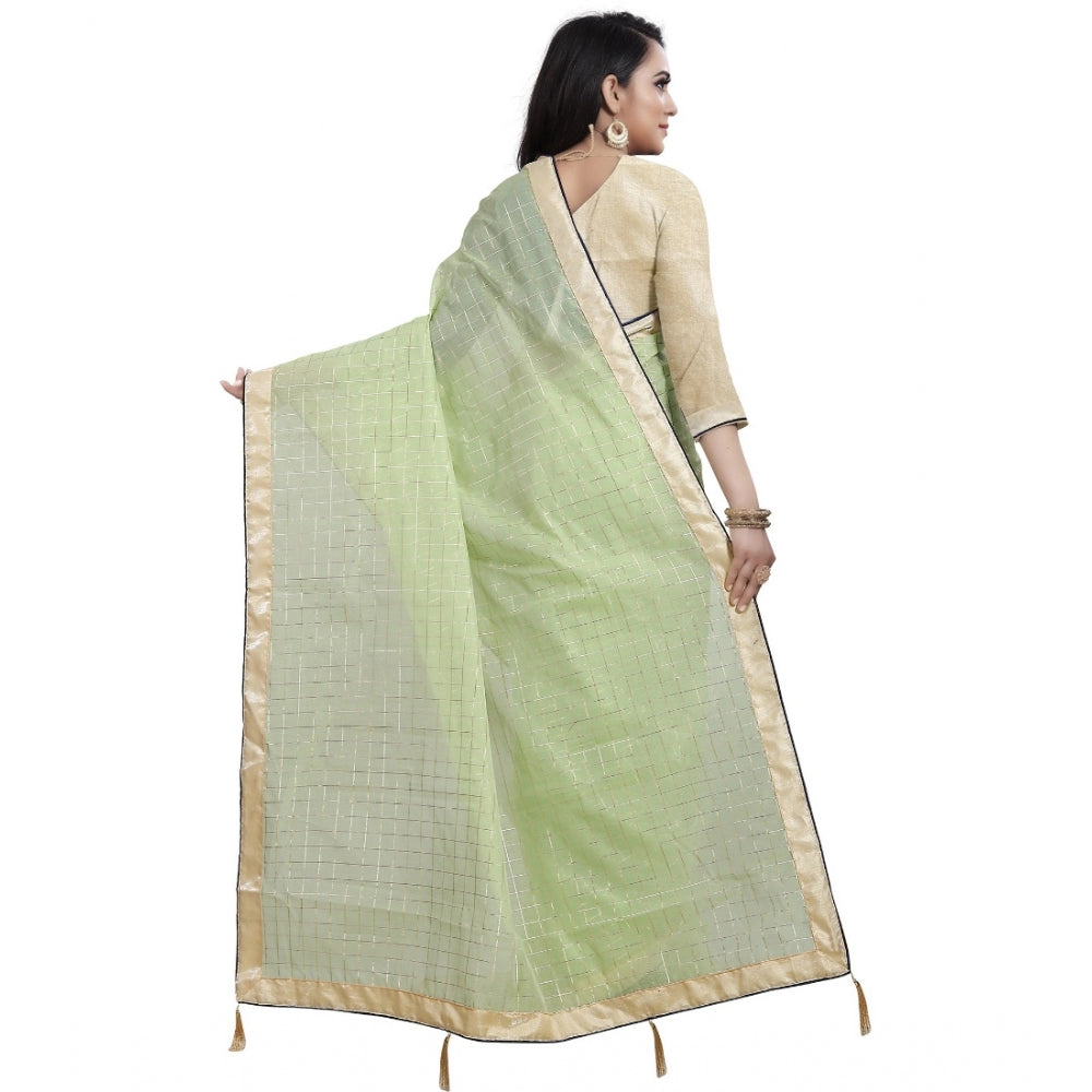 Generic Women's Cotton Silk Checkered Saree With Unstitched Blouse 5.5Mtr (Light Green) Secondary image