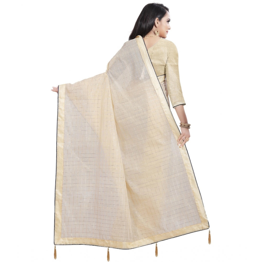 Generic Women's Cotton Silk Checkered Saree With Unstitched Blouse 5.5Mtr (Cream) Secondary image