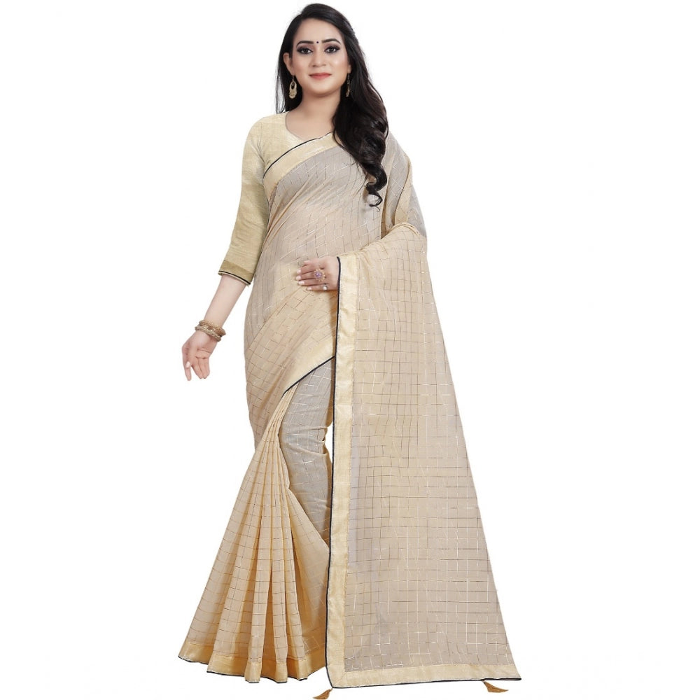 Generic Women's Cotton Silk Checkered Saree With Unstitched Blouse 5.5Mtr (Cream) Main image