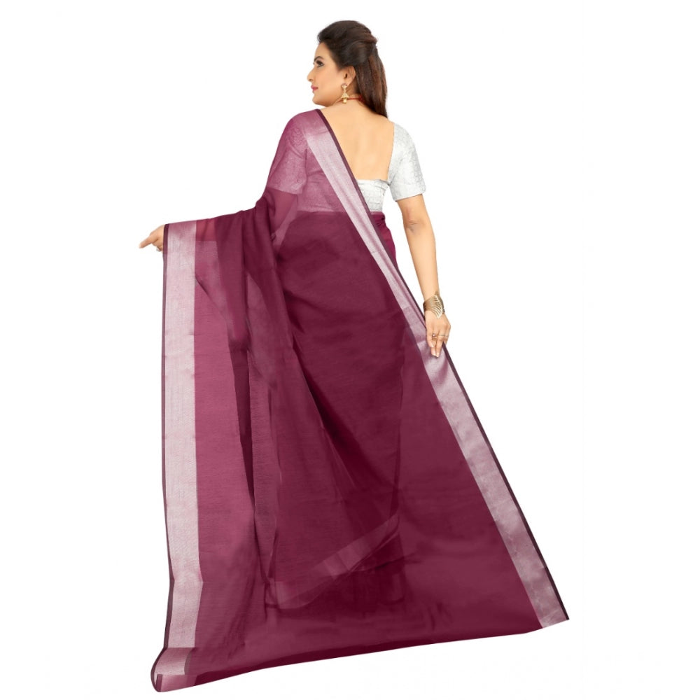 Generic Women's Cotton Silk Self Design Saree With Unstitched Blouse 5.5Mtr (Purple) Secondary image