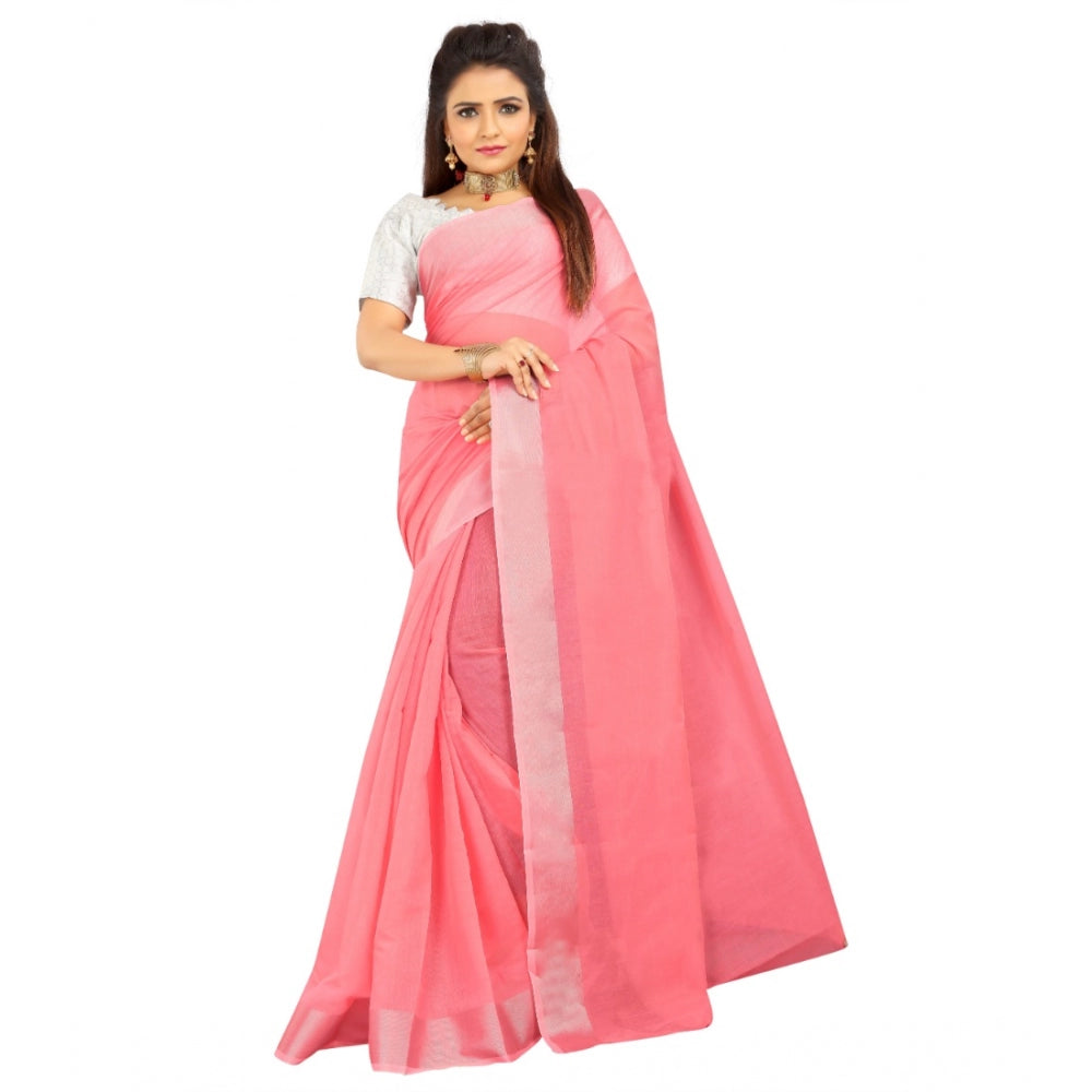Generic Women's Cotton Silk Self Design Saree With Unstitched Blouse 5.5Mtr (Pink) Main image
