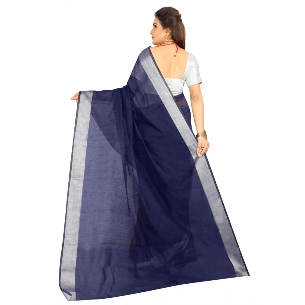 Generic Women's Cotton Silk Self Design Saree With Unstitched Blouse 5.5Mtr (Blue) Secondary image