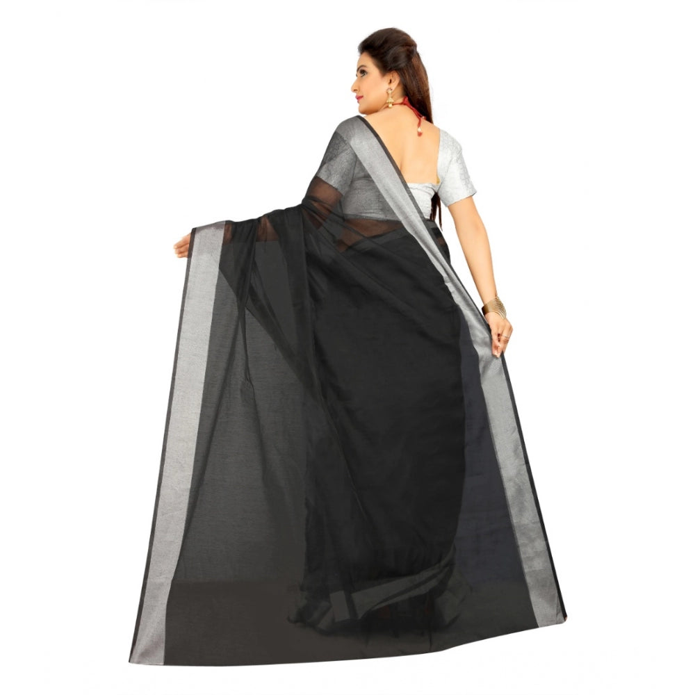 Generic Women's Cotton Silk Self Design Saree With Unstitched Blouse 5.5Mtr (Black) Secondary image