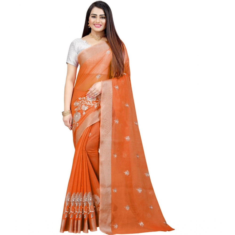 Generic Women's Cotton Silk Embroidered Saree With Unstitched Blouse 5.5Mtr (Orange) Main image