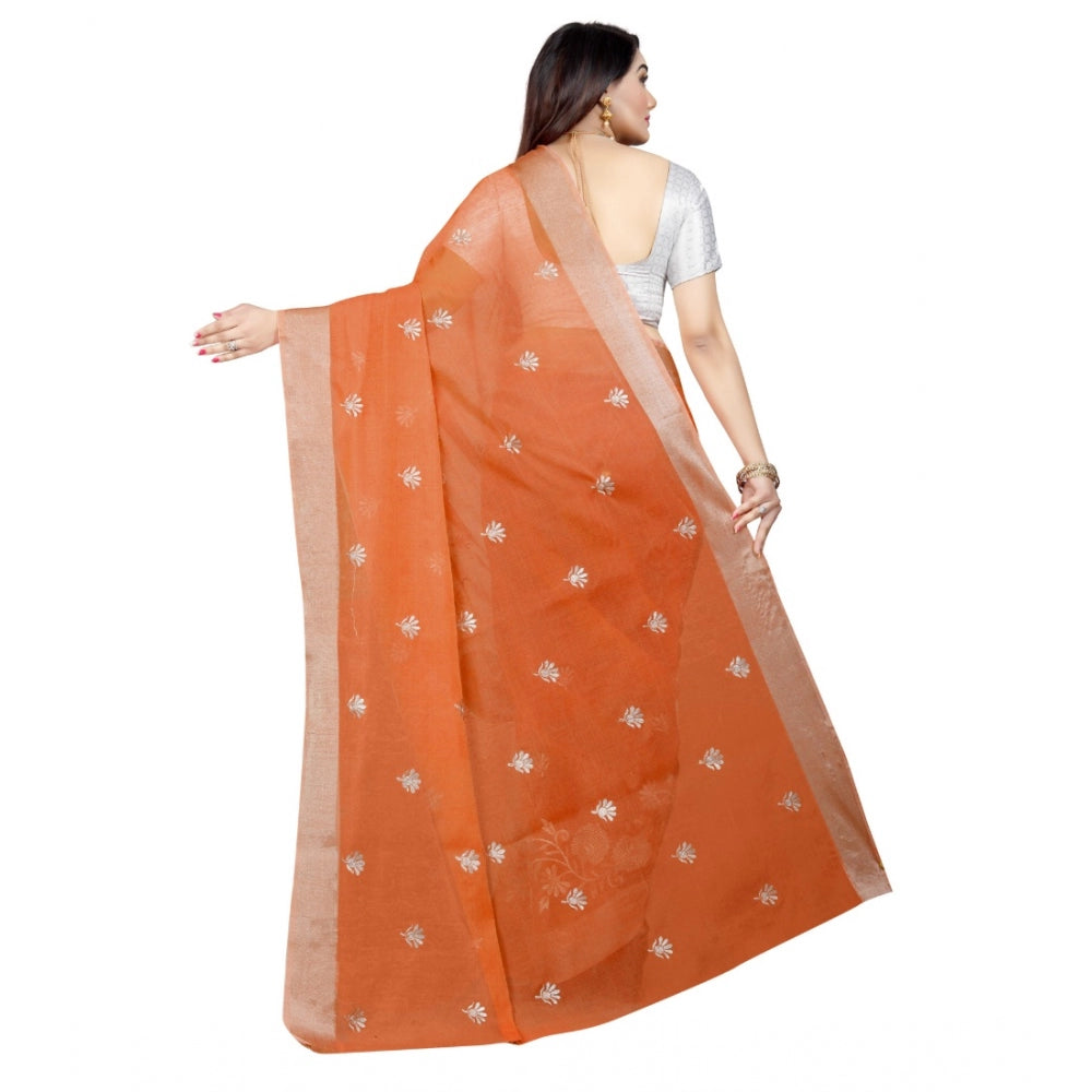 Generic Women's Cotton Silk Embroidered Saree With Unstitched Blouse 5.5Mtr (Orange) Secondary image