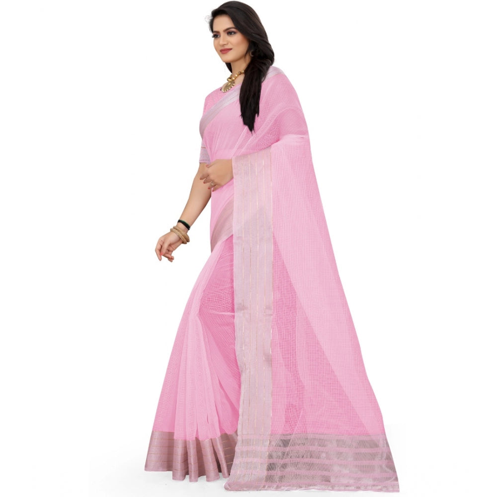 Generic Women's Cotton Jute Self Design Saree With Unstitched Blouse 5.5Mtr (Pink)